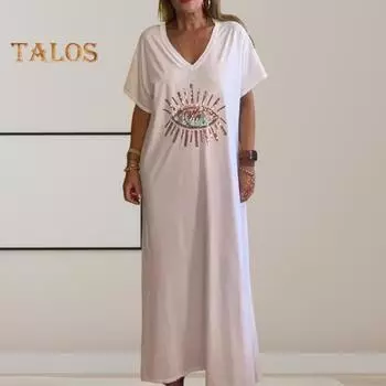 Летнее женское платье с блестящими пайетками и принтом в виде глаз, свободные короткие рукава, большие размеры до щиколотки, однотонный пуловер, повседневная домашняя одежда для отдыха, платье макси 2XL чёрный