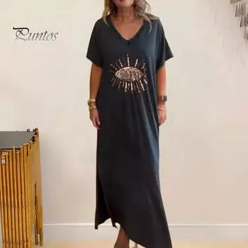 Летнее женское платье с блестящими пайетками и принтом в виде глаз, свободные короткие рукава, большие размеры до щиколотки, однотонный пуловер, повседневная домашняя одежда для отдыха, платье макси 3XL чёрный