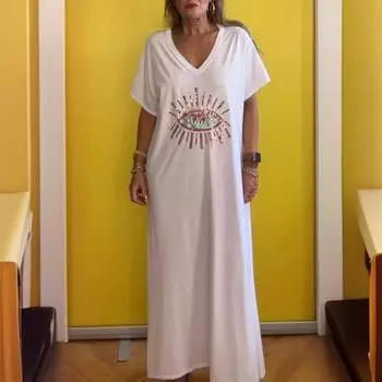 Летнее женское платье с блестящими пайетками и принтом в виде глаз, свободные короткие рукава, большие размеры до щиколотки, однотонный пуловер, повседневная домашняя одежда для отдыха, платье макси 3XL чёрный