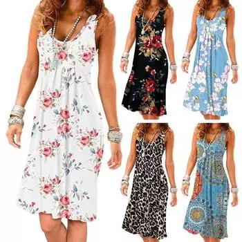 Летнее женское платье с богемным принтом и U-образным вырезом, жилет без рукавов, свободный плиссированный трапециевидной формы длиной до колена, отпуск, пляжный отдых, платье миди, сарафан S коричневый