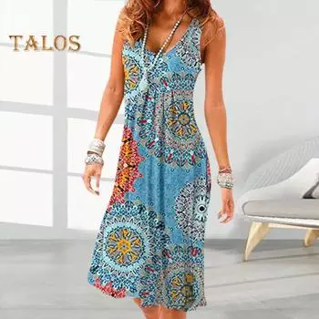 Летнее женское платье с богемным принтом и U-образным вырезом, жилет без рукавов, свободный плиссированный трапециевидной формы длиной до колена, отпуск, пляжный отдых, платье миди, сарафан S синий