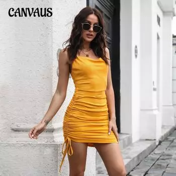 Летнее женское платье с бретелькой на шее, сексуальное платье с регулируемой длиной, плиссированное платье с лямкой на бретельках в полоску, с открытой спиной и кулиской XS жёлтый
