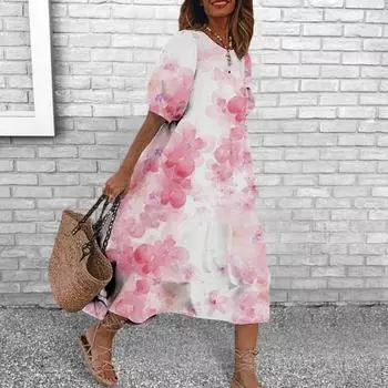 Летнее женское платье с цифровым цветочным принтом и пузырьковым рукавом с круглым вырезом, свободное до середины икры, повседневное XL розовый