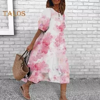 Летнее женское платье с цифровым цветочным принтом и пузырьковым рукавом с круглым вырезом, свободное до середины икры, повседневное повседневное платье миди для отдыха XL розовый