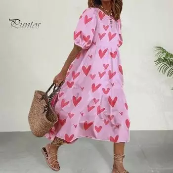 Летнее женское платье с цифровым цветочным принтом и пузырьковым рукавом с круглым вырезом, свободное до середины икры, повседневное повседневное платье миди для отдыха XL розовый