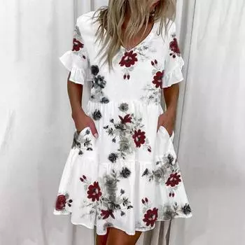 Летнее женское платье с цветными блоками, короткими рукавами, оборками, V-образным вырезом, карманами, цветочным принтом L белый