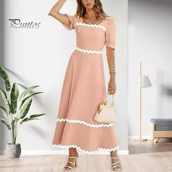 Летнее женское платье с цветочным краем в стиле пэчворк с короткими пышными рукавами плиссированные цвета квадратного выреза трапециевидной формы длиной до щиколотки пляжное платье макси женское платье для свиданий 2XL чёрный