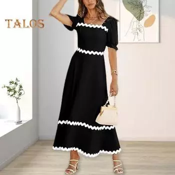 Летнее женское платье с цветочным краем в стиле пэчворк с короткими пышными рукавами плиссированные цвета квадратного выреза трапециевидной формы длиной до щиколотки пляжное платье макси женское платье для свиданий 2XL чёрный