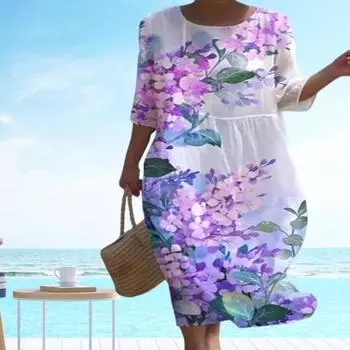 Летнее женское платье с цветочным принтом, круглым вырезом, свободными рукавами, тонкими трапециями, повседневное, повседневное M розовый