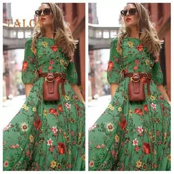 Летнее женское платье с цветочным принтом трапециевидной формы со свободным подолом в винтажном стиле с высокой талией во французском стиле с рукавами три четверти плиссированным круглым вырезом для выпускного коктейля, банкета S зелёный