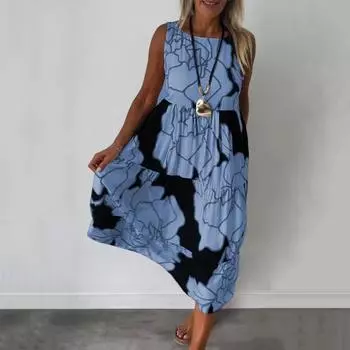 Летнее женское платье с цветочным принтом и круглым вырезом, рукавами трапеции, плиссированным лоскутным подолом, длиной до середины икры, пляжное платье миди для отдыха M белый