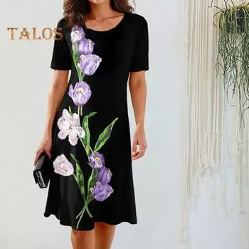 Летнее женское платье с цветочным принтом тюльпанов и круглым вырезом с короткими рукавами Свободный мягкий дышащий пуловер длиной до колена OL повседневное платье миди M розовый/фиолетовый