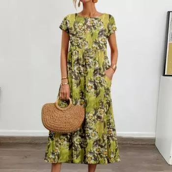 Летнее женское платье с цветочным принтом и круглым вырезом с короткими рукавами, плиссированное трапециевидной формы, свободная длина до щиколотки L жёлтый