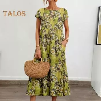 Летнее женское платье с цветочным принтом и круглым вырезом с короткими рукавами, плиссированное трапециевидное свободное платье длиной до щиколотки для свиданий, повседневное пляжное платье макси для отдыха L жёлтый