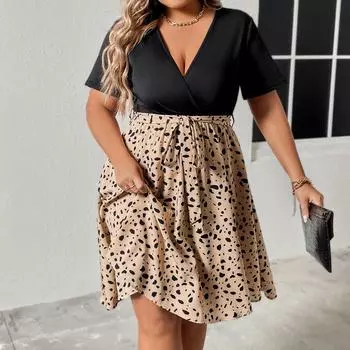 Летнее женское платье с цветочным принтом, платье средней длины с высоким V-образным вырезом и короткими рукавами, коктейльное платье средней длины для свадебной вечеринки, дышащее легкое платье с высокой талией XL