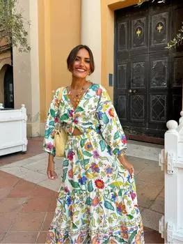 Летнее женское платье с цветочным принтом, элегантное длинное платье с длинными рукавами и v-образным вырезом для отпуска, 2024, женская одежда, сарафан S