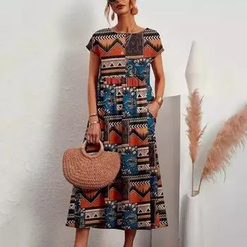 Летнее женское платье с цветочным принтом и круглым вырезом с короткими рукавами, плиссированное трапециевидное свободное платье длиной до щиколотки для свиданий, повседневное пляжное платье макси для отдыха 2XL чёрный