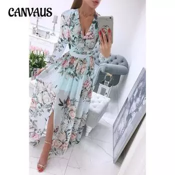 Летнее женское платье с длинным рукавом и V-образным вырезом, напечатанное в стиле бохо S светло-синий