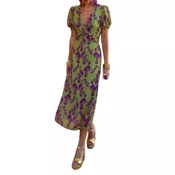 Летнее женское платье с глубоким V-образным вырезом, сочетающееся по цвету с цветочным принтом и короткими рукавами, облегающее платье длиной до середины икры для выпускного вечера, свиданий, миди-платье XXXL зелёный