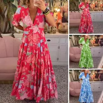 Летнее женское платье с глубоким V-образным вырезом, плиссированным цветочным принтом, богемный стиль, с коротким рукавом, большие размеры, трапециевидной формы M красный