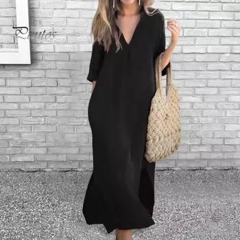 Летнее женское платье с глубоким V-образным вырезом и рукавами три четверти до щиколотки, сплошной цвет, тонкий свободный боковой разрез, трапециевидное повседневное повседневное пляжное платье макси для отдыха L красный