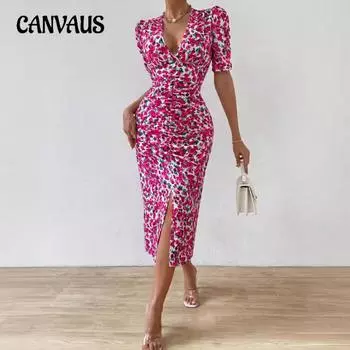 Летнее женское платье с глубоким V-образным вырезом, сексуальные плиссированные бедра с цветочным принтом и рукавами-пузырьками S белый