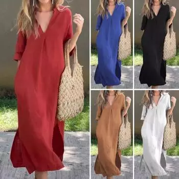 Летнее женское платье с глубоким V-образным вырезом и рукавами три четверти до щиколотки, сплошной цвет, тонкая свободная сторона 2XL красный