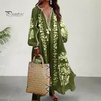 Летнее женское платье с глубоким V-образным вырезом и кисточками с длинным рукавом в богемном стиле в стиле ретро, негабаритное трапециевидное платье со струящимся подолом и цветочным принтом для отдыха, пляжное платье макси 3XL красный