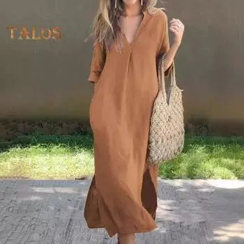 Летнее женское платье с глубоким V-образным вырезом и рукавами три четверти до щиколотки, сплошной цвет, тонкий свободный боковой разрез, трапециевидное повседневное повседневное пляжное платье макси для отдыха M синий