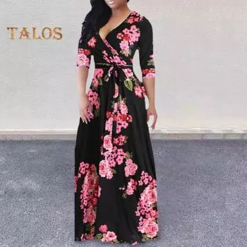 Летнее женское платье с глубоким V-образным вырезом и длинным рукавом с цветочным принтом, большим подолом, на шнуровке, с высокой талией, весеннее вечернее платье для выпускного банкета, макси-платья M белый