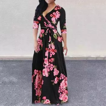 Летнее женское платье с глубоким V-образным вырезом и длинным рукавом с цветочным принтом и большим подолом на шнуровке M белый