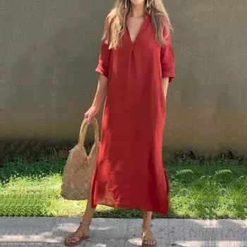 Летнее женское платье с глубоким V-образным вырезом и рукавами три четверти до щиколотки, сплошной цвет, тонкий свободный боковой разрез, трапециевидное повседневное повседневное пляжное платье макси для отдыха M синий