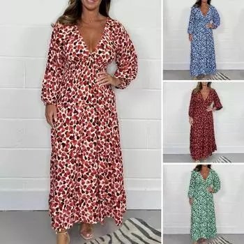 Летнее женское платье с глубоким v-образным вырезом, высокой талией и длинными рукавами, эластичные манжеты с принтом, трапециевидное платье большого размера для офиса, повседневной жизни, свиданий, макси-платья XL