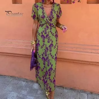 Летнее женское платье с глубоким V-образным вырезом, сочетающееся по цвету с цветочным принтом и короткими рукавами, облегающее платье длиной до середины икры для выпускного вечера, свиданий, миди-платье L зелёный