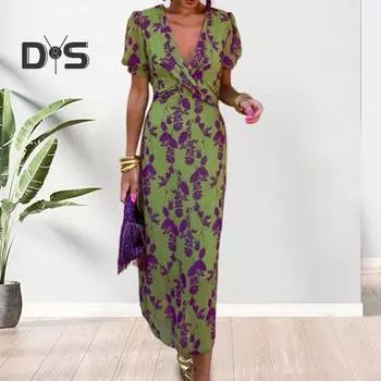 Летнее женское платье с глубоким V-образным вырезом, сочетающееся по цвету с цветочным принтом и короткими рукавами, облегающее платье длиной до середины икры для выпускного вечера, свиданий, миди-платье XXXL зелёный
