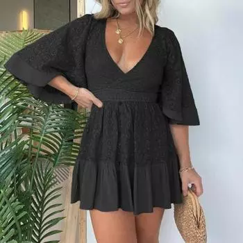 Летнее женское платье с глубоким вырезом и V-образным вырезом, кружевное лоскутное платье с рукавами «летучая мышь», декор пуговицами, плиссированное однотонное короткое платье с рюшами, пляжное мини-платье для свиданий S кирпич красный