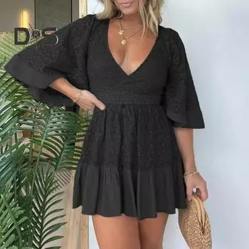 Летнее женское платье с глубоким вырезом и V-образным вырезом, кружевное лоскутное платье с рукавами «летучая мышь», декор пуговицами, плиссированное однотонное короткое платье с рюшами, пляжное мини-платье для свиданий S кирпич красный