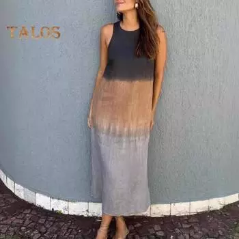 Летнее женское платье с градиентом и цветными блоками, без рукавов и с круглым вырезом, свободное до середины икры, вечерние пляжные платья миди для свиданий и отдыха M коричневый