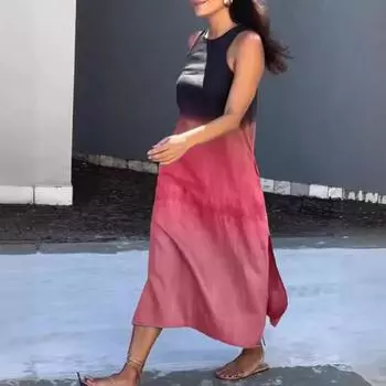 Летнее женское платье с градиентом и цветными блоками, без рукавов и с круглым вырезом, свободное до середины икры, вечерние пляжные платья миди для свиданий и отдыха M коричневый