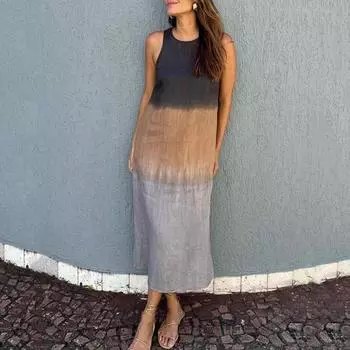 Летнее женское платье с градиентом и цветными блоками, без рукавов с круглым вырезом, свободное до середины икры, с отверстием для глаз сзади, пляжное платье миди для свиданий M серый