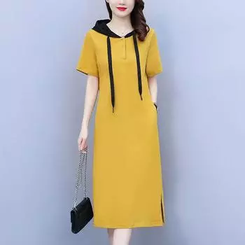 Летнее женское платье с капюшоном, длинное, свободного кроя, повседневное, утягивающее, элегантное, молодежное, длиной до колена, с коротким рукавом L жёлтый