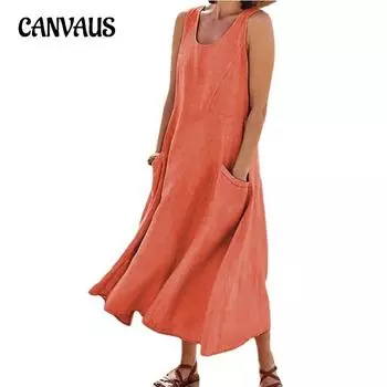 Летнее женское платье с карманами, без рукавов, с круглым вырезом, женские хлопковые льняные платья