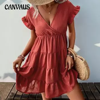 Летнее женское платье с коротким рукавом, однотонные платья S оранжевый