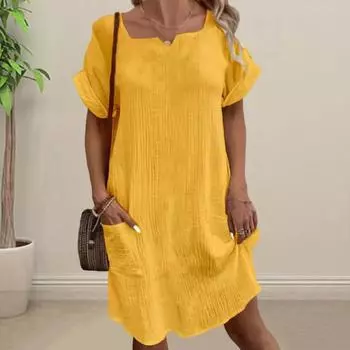 Летнее женское платье с короткими рукавами, свободные карманы, повседневный сплошной цвет, пуловер с V-образным вырезом и повседневная одежда
