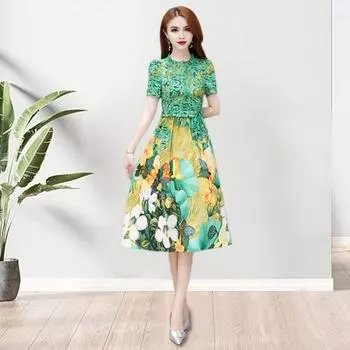 Летнее женское платье с короткими рукавами и круглым вырезом трапециевидной формы, плиссированное платье миди с цветочным принтом и шнуровкой, с высокой талией для выпускного вечера 2XL зелёный