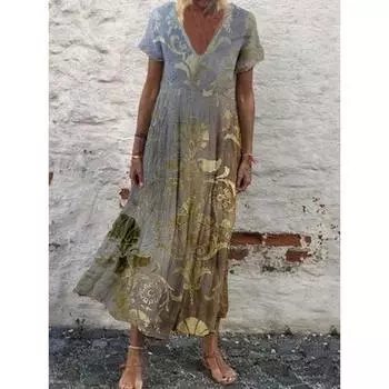 Летнее женское платье с короткими рукавами и V-образным вырезом с принтом S