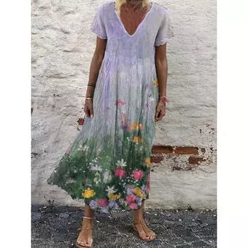 Летнее женское платье с короткими рукавами и V-образным вырезом с принтом S