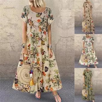 Летнее женское платье с короткими рукавами и круглым вырезом с принтом 4XL зелёный