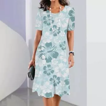 Летнее женское платье с короткими рукавами, синее, с цветочным принтом и круглым вырезом, модное вечернее платье 2025 года, свободный повседневный пуловер больших размеров S