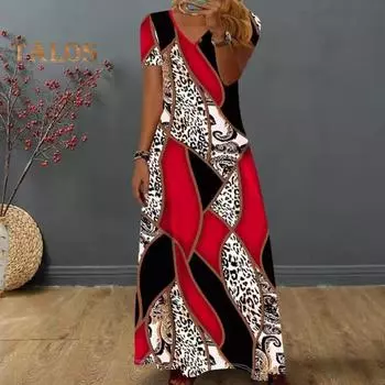 Летнее женское платье с красочным принтом и V-образным вырезом, свободное трапециевидное платье с короткими рукавами, пуловер до щиколотки, этнический стиль, пляжный отдых, повседневное платье макси M вино красного